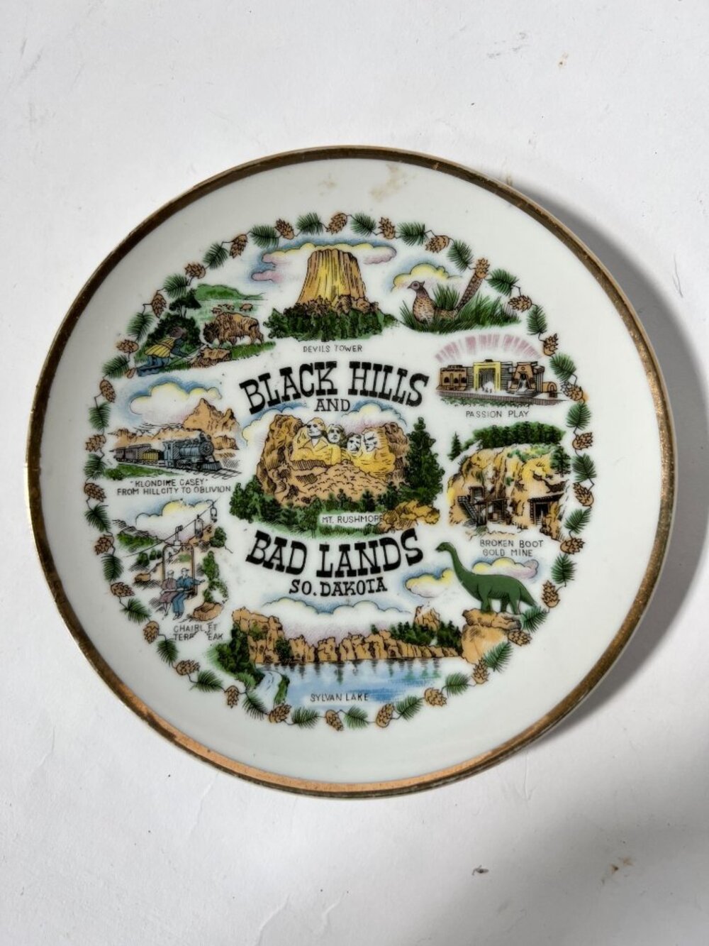 Vintage Souvenir Plate Black Hills & Bad Lands South Dakota Gold Trim